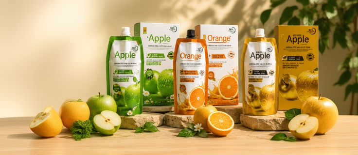 Hair color cream packaging with green apples and oranges on a wooden surface